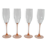 Set of 4 champagne flutes with pink feet, 1970