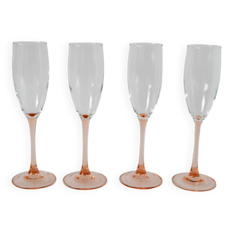 Set of 4 champagne flutes with pink feet, 1970