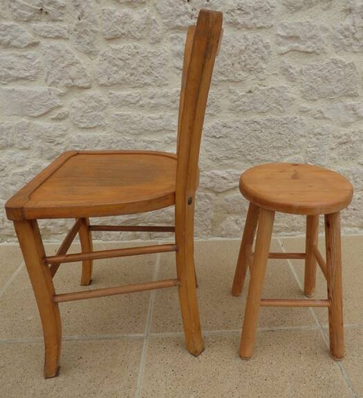 Chair and stool in solid wood in its patina