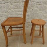 Chair and stool in solid wood in its patina