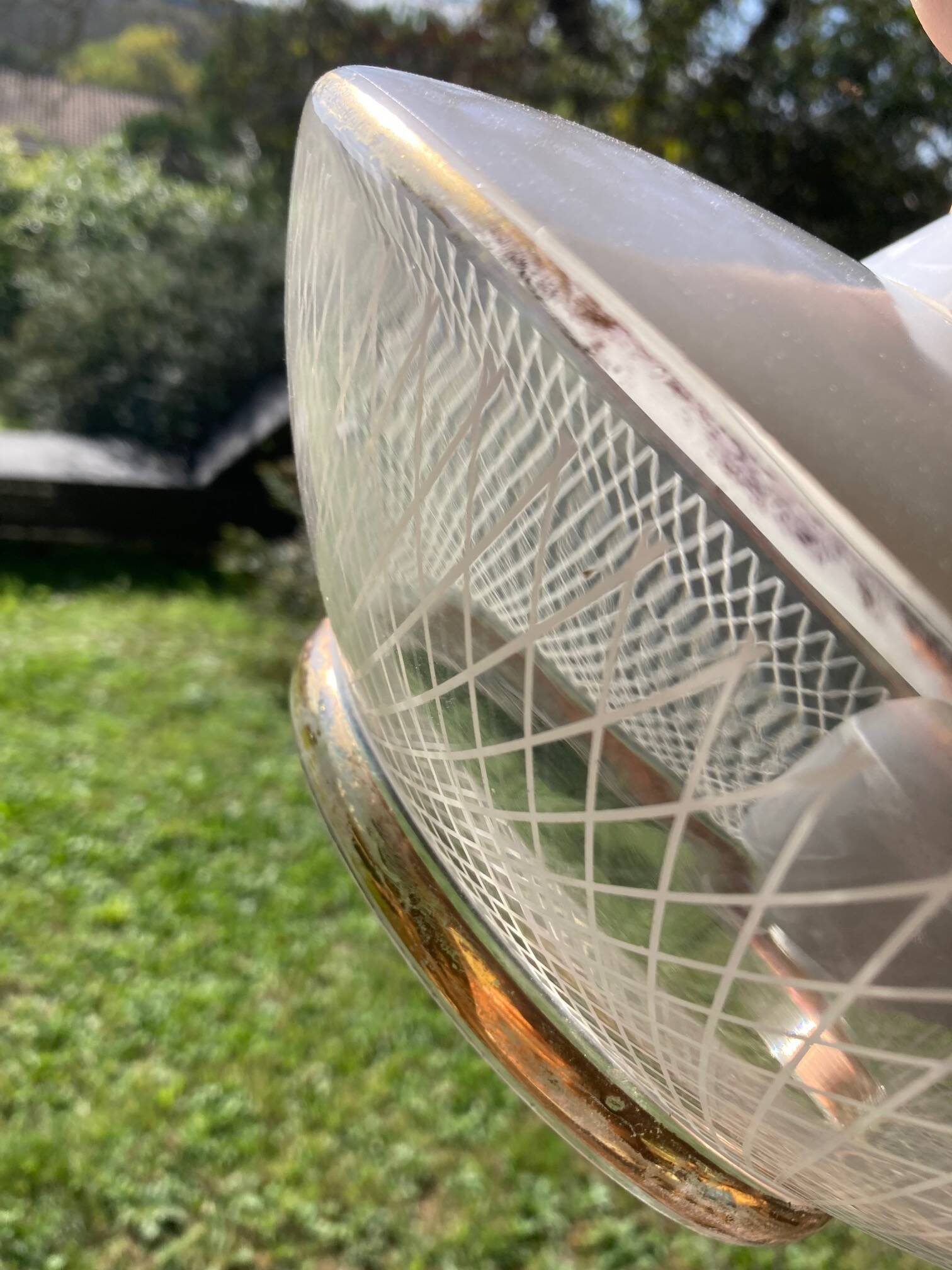 Space Age saucer pendant light, 1950s chandelier, in white and gold glass
