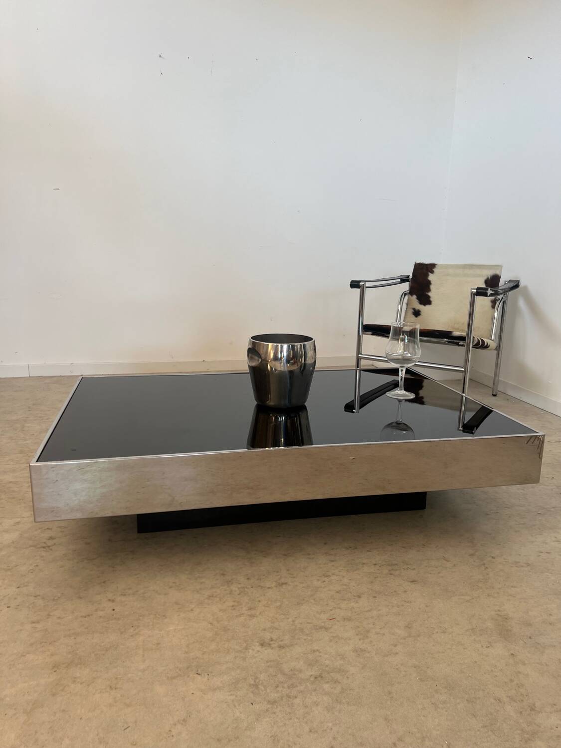 Old glass and chrome coffee table Italian design from the 70s vintage