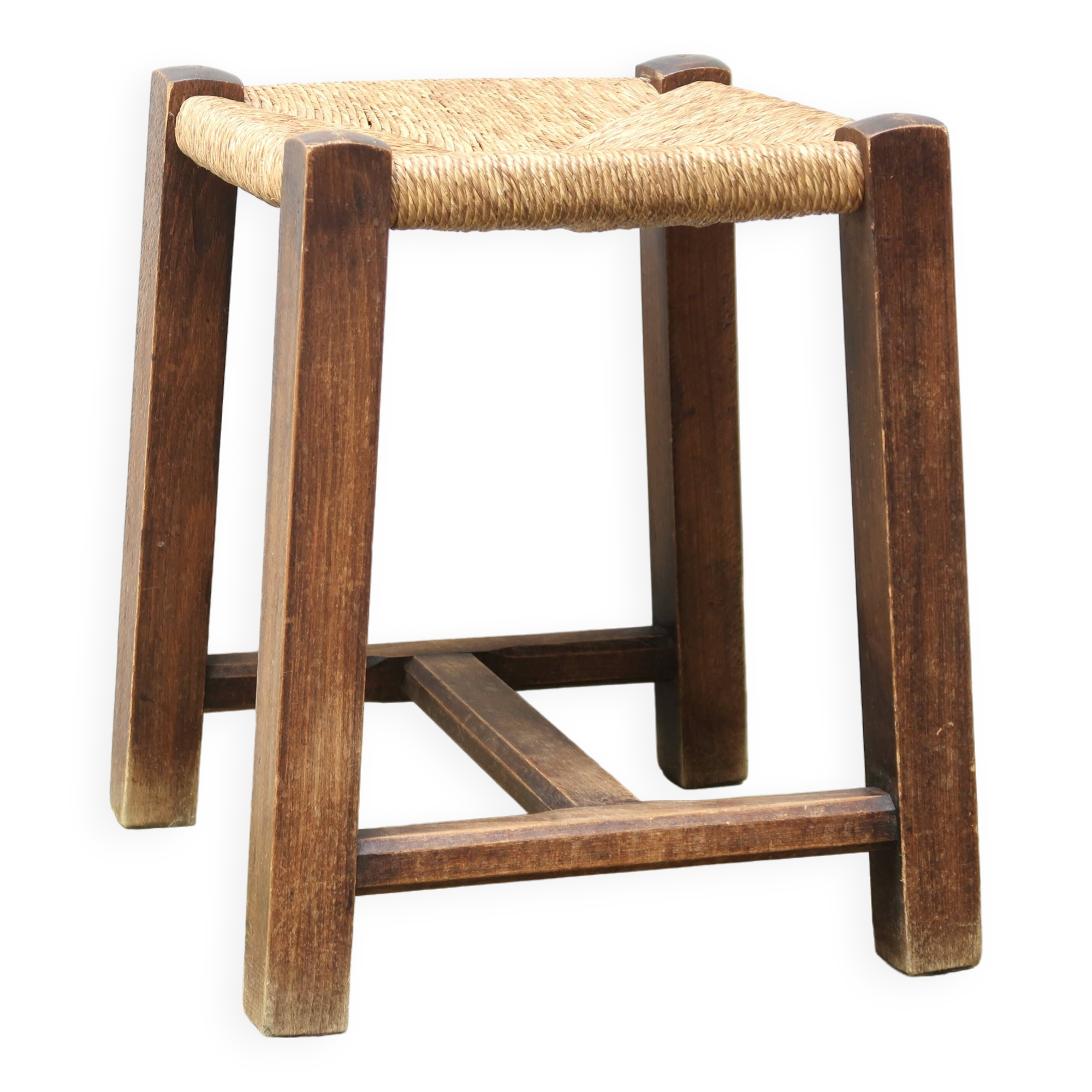 Wooden stool with straw seat, 1970s