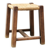Wooden stool with straw seat, 1970s