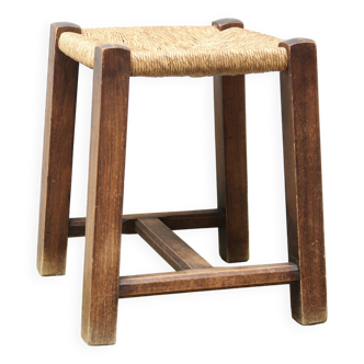 Wooden stool with straw seat, 1970s
