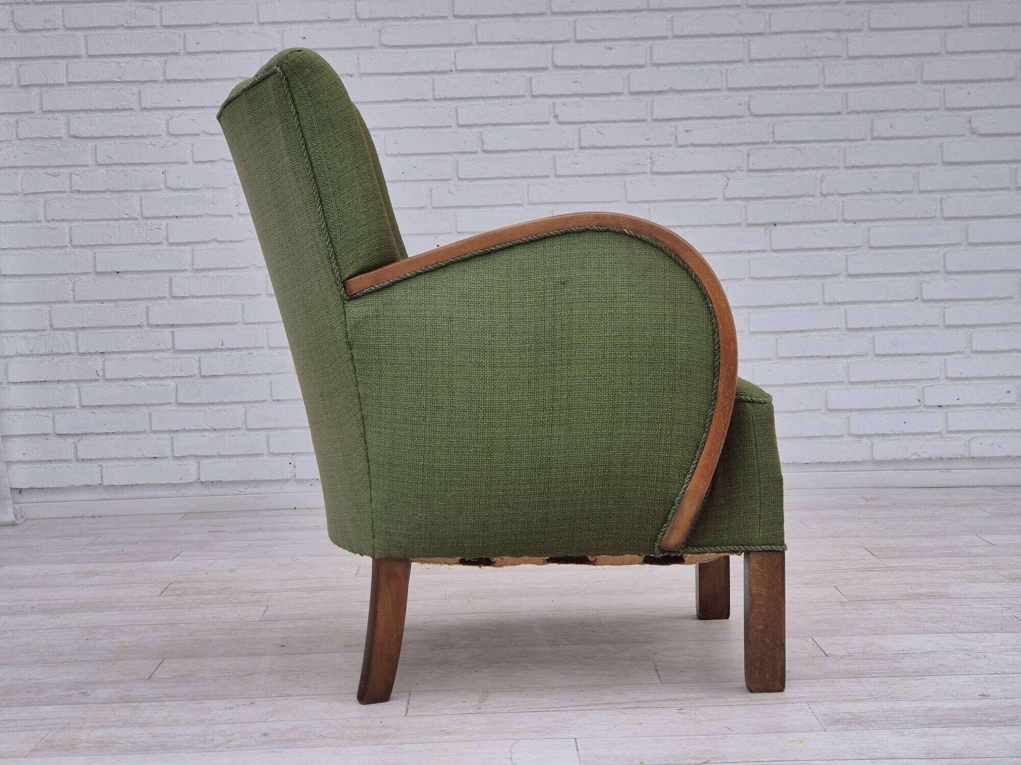 1950s, Danish artdeco armchair, green furniture wool, beech wood, original.