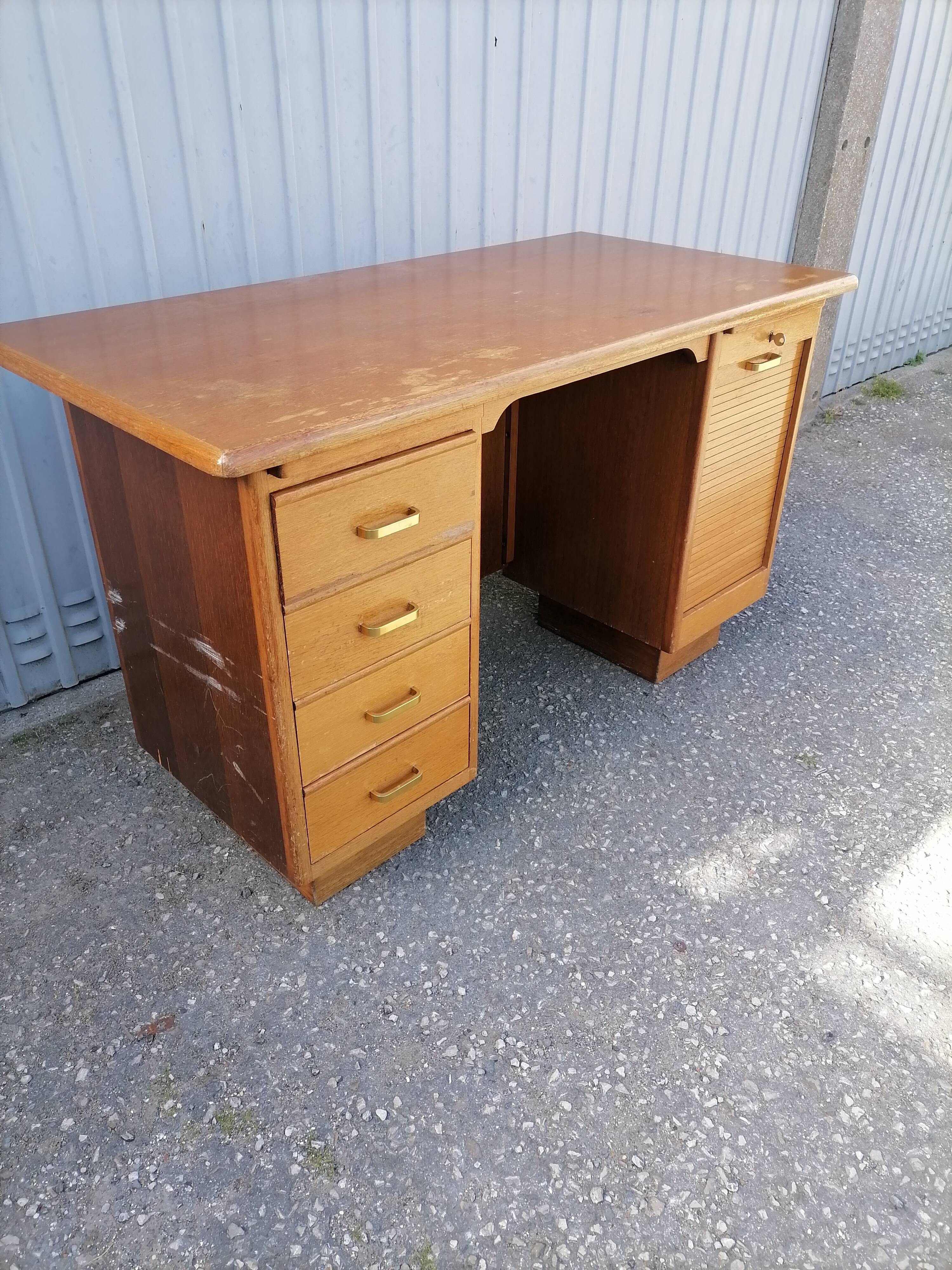 Old vintage wooden desk 1950 with curtain binder and storage tablet
