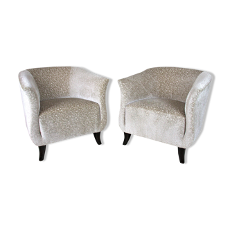 Vintage Club Chair in Beige Velvet, 1930s, Set of 2