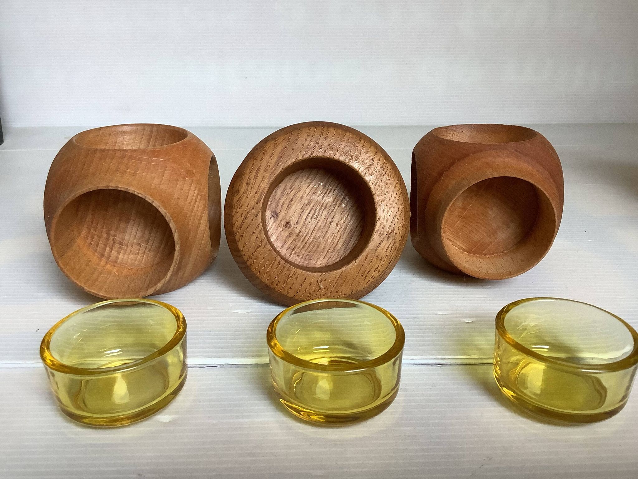 6 candle holders and a wooden vase Nopjes woodturning handmade