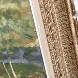 Tableau ancien, peinture à l'huile sur carton évoquant un paysage