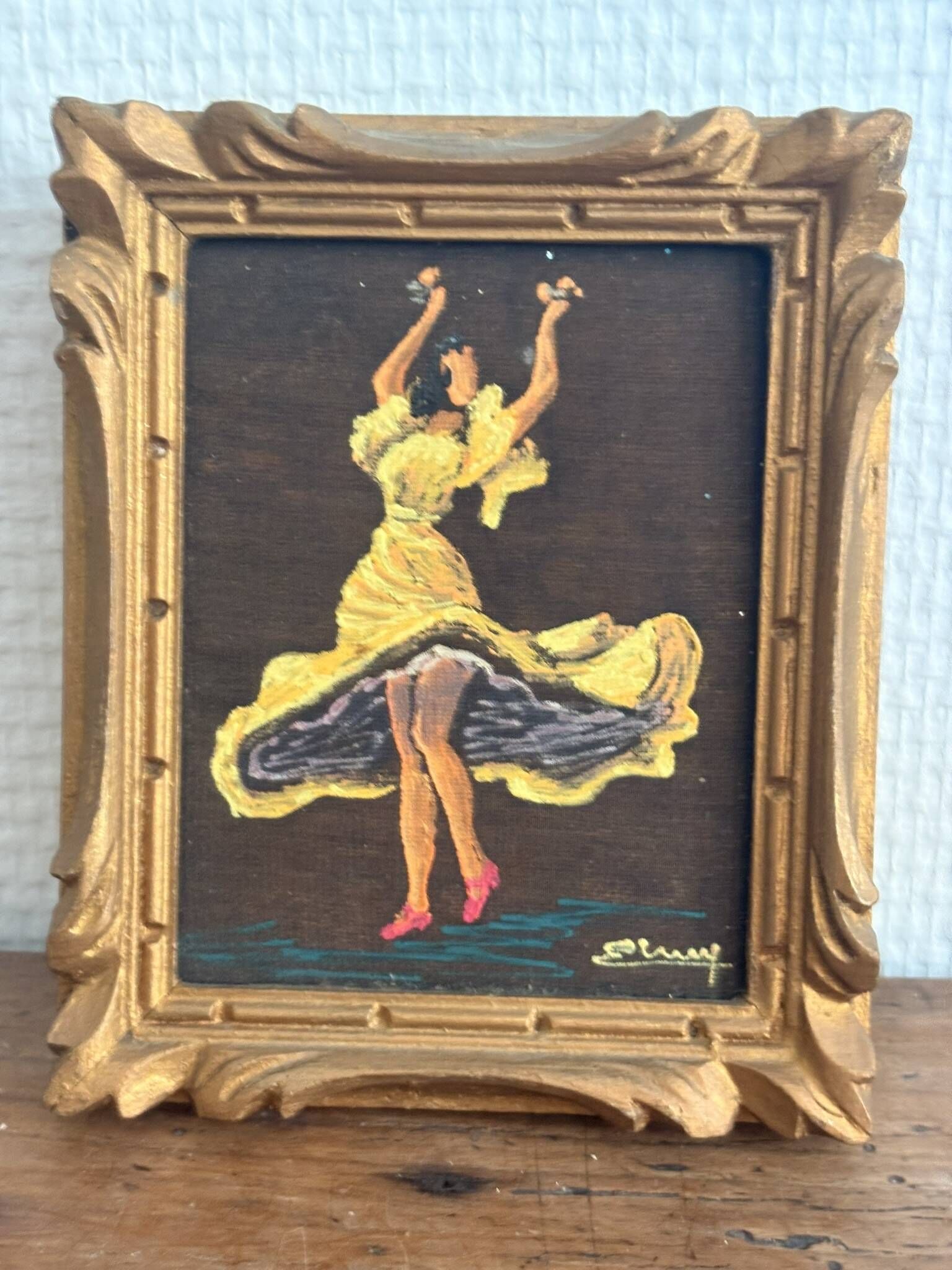 Miniature Flamenco Dancer Tableau Yellow Costume Signed Sluys 1950