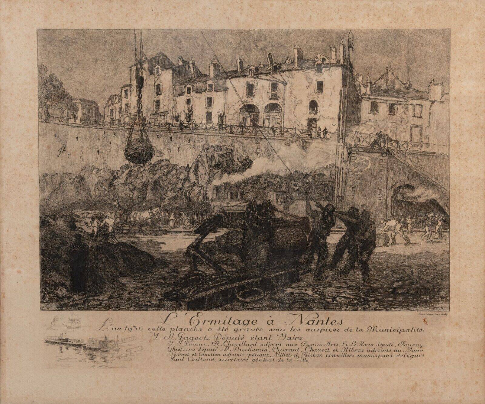 Engraving by René Pinard L'Ermitage in Nantes numbered natural wood frame