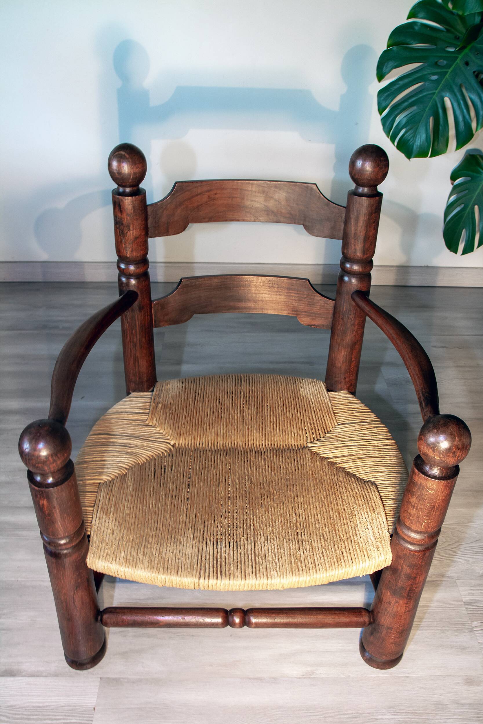 Oak and rush armchair, brutalist style, Charles Dudouyt, 1940s