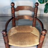 Oak and rush armchair, brutalist style, Charles Dudouyt, 1940s