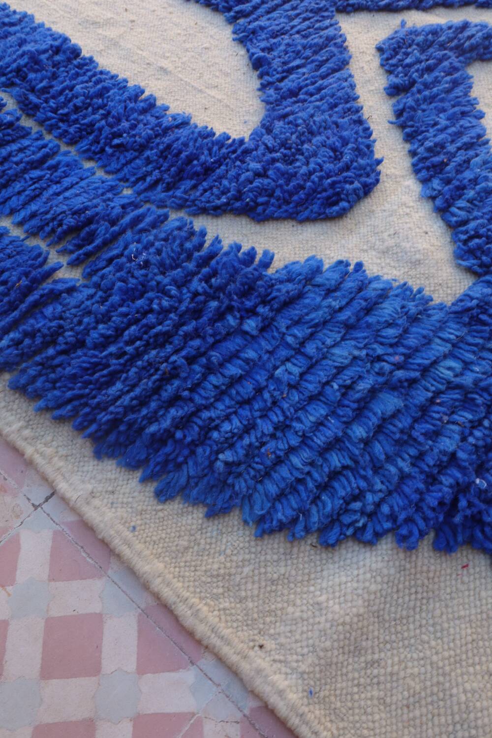 Klein blue and white Berber rug with abstract relief