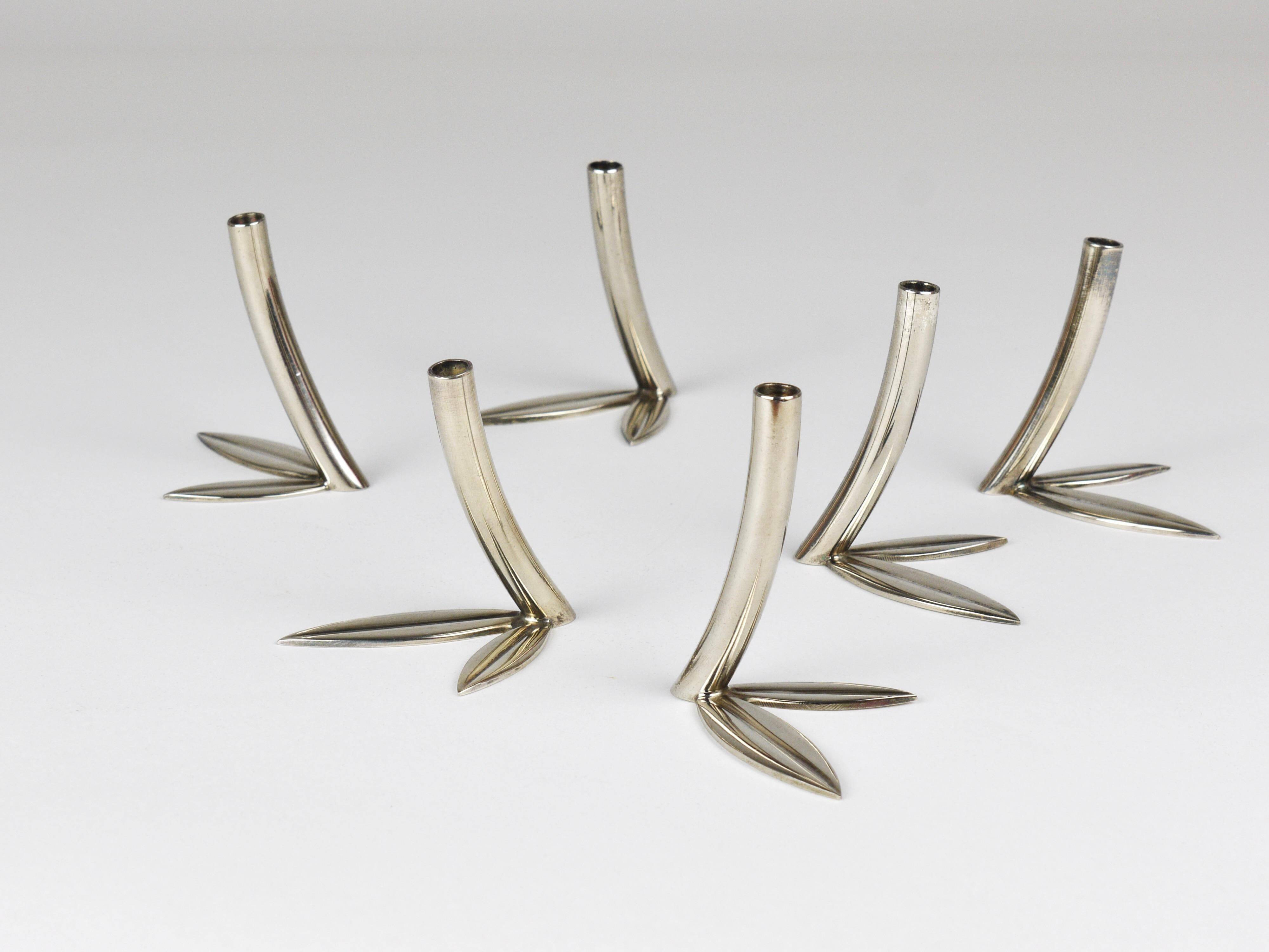 Werkstätte Hagenauer Up to 6 Soliflore Vases Leaf, Brass & Nickel, Vienna, 1960s