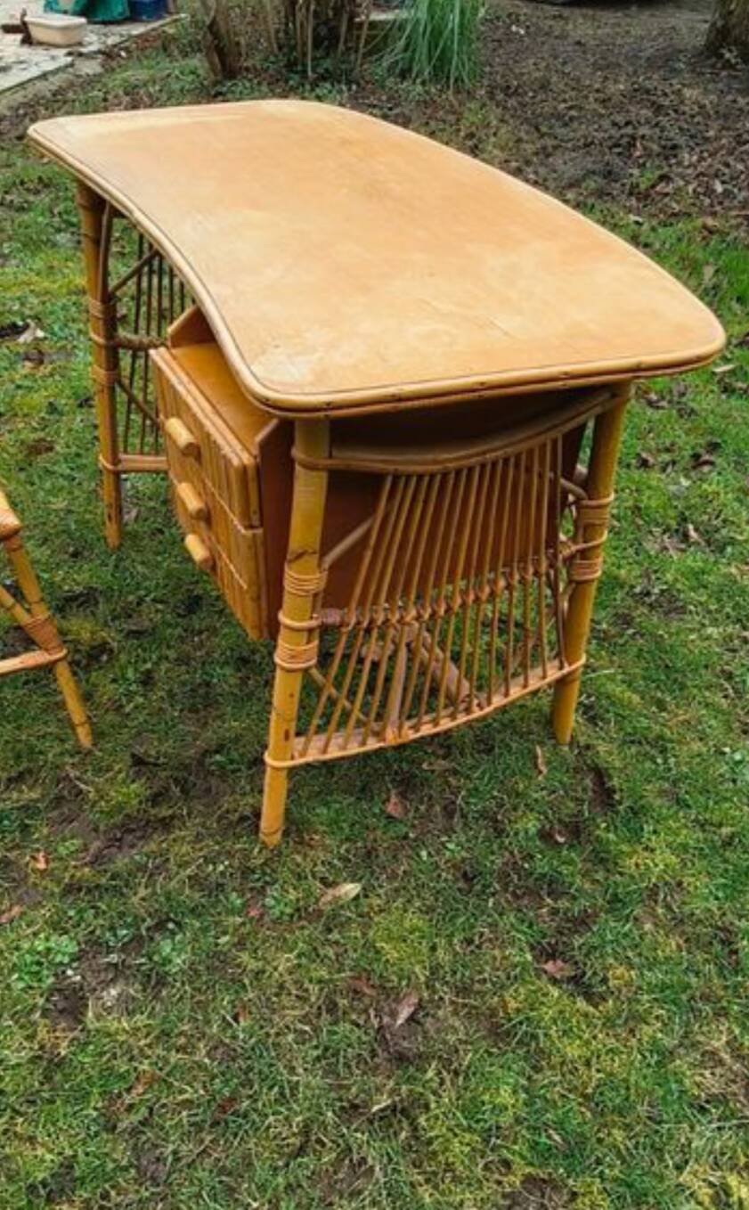 Vintage bamboo/rattan desk + stool