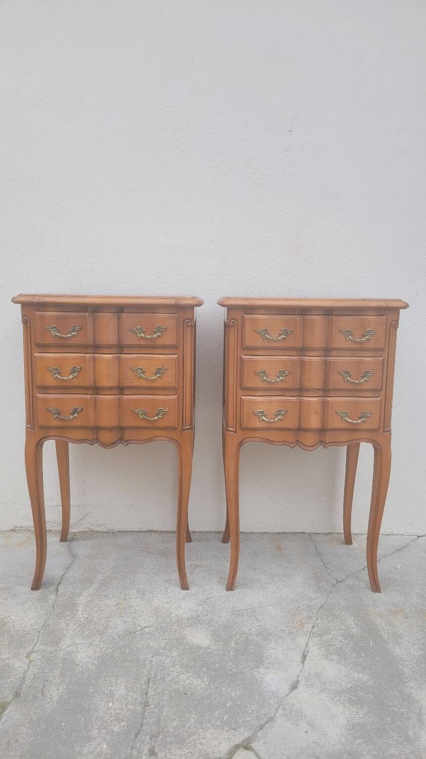 Pair of Louis xv style bedside tables in cherry wood, 3 drawers