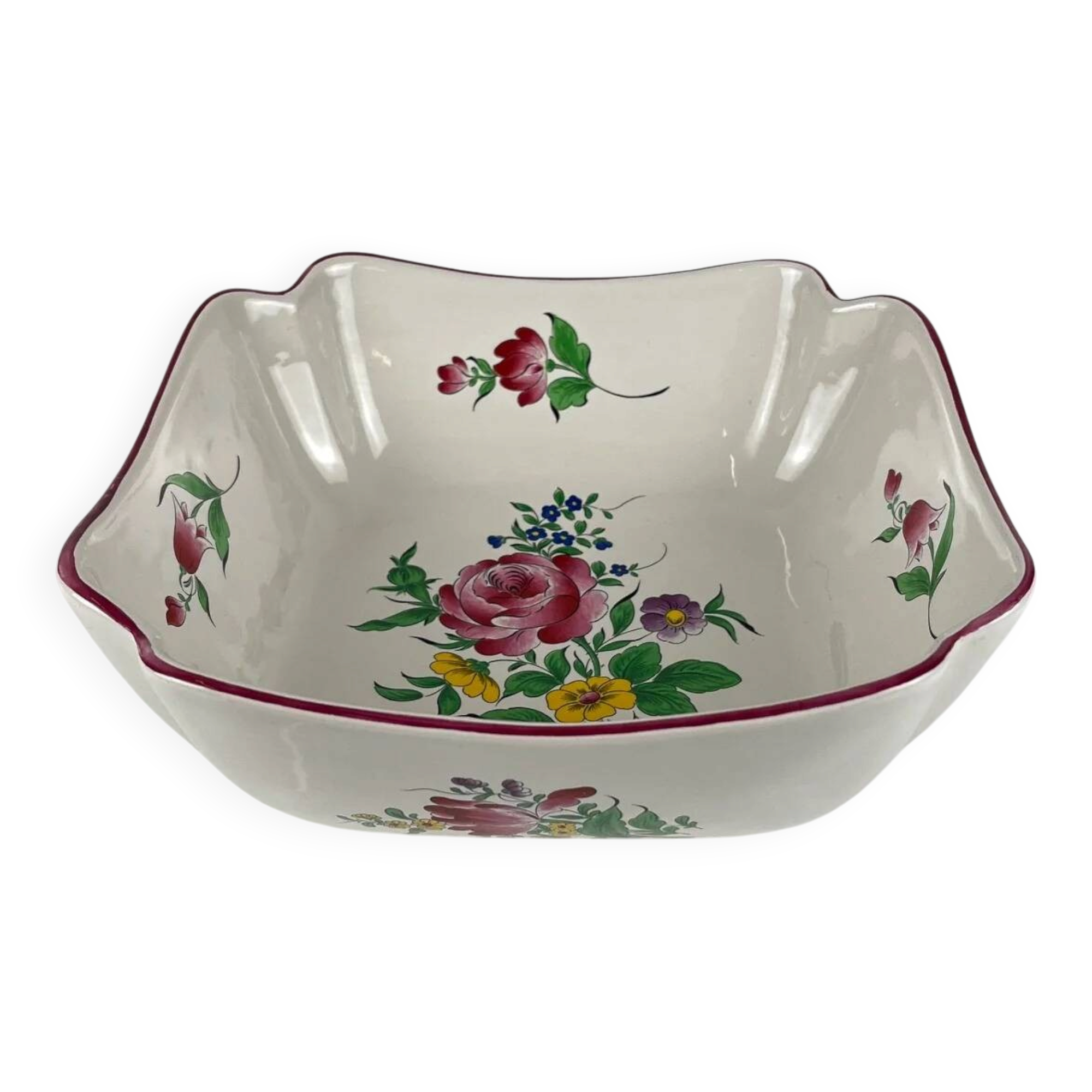 Square salad bowl, lantern model by KG Lunéville, rose pattern.