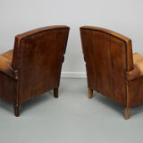 Vintage dutch cognac colored leather club chairs