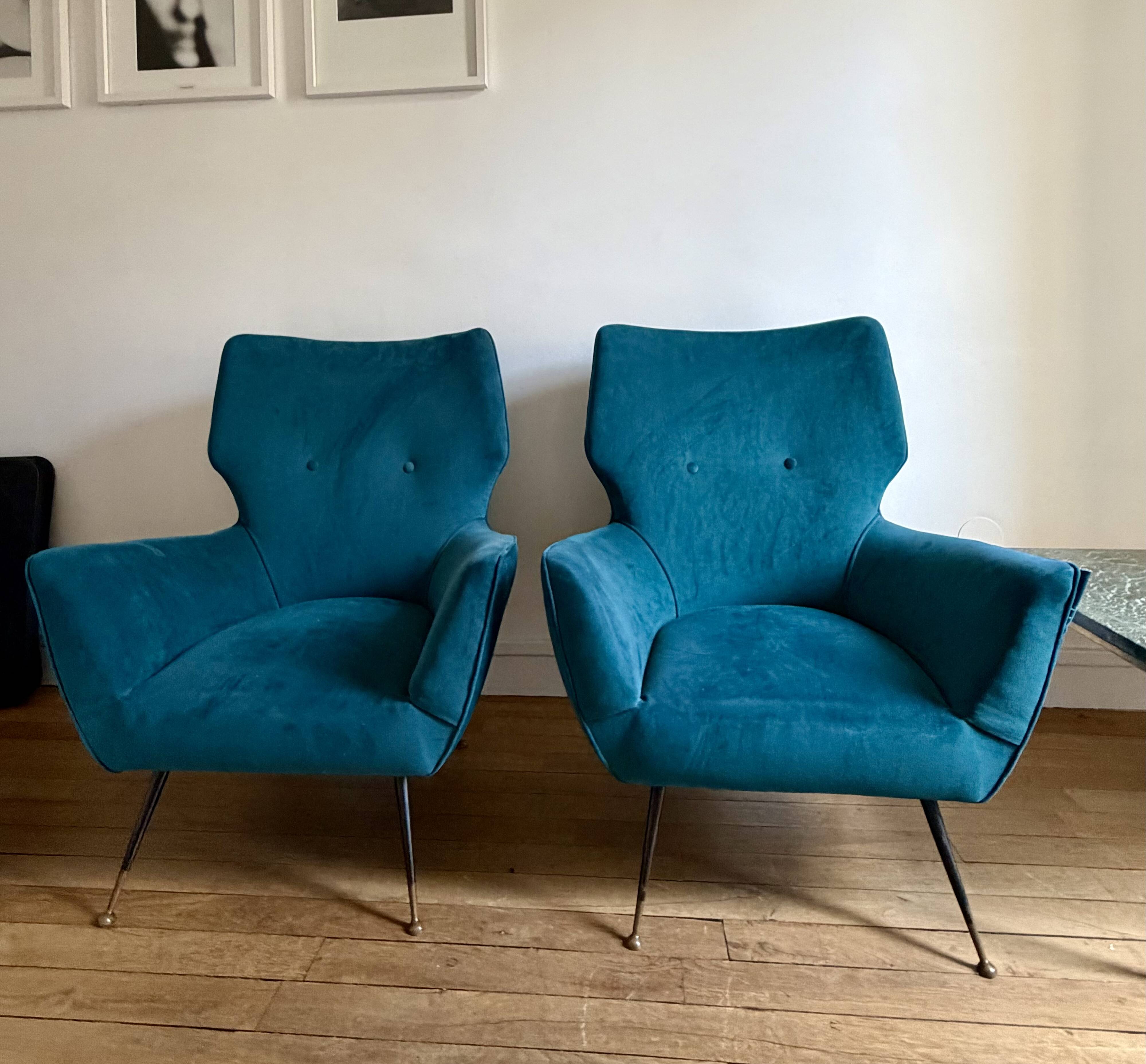 Pair of vintage Italian armchairs, 1950s-1960s, peacock blue velvet.