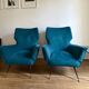 Pair of vintage Italian armchairs, 1950s-1960s, peacock blue velvet.