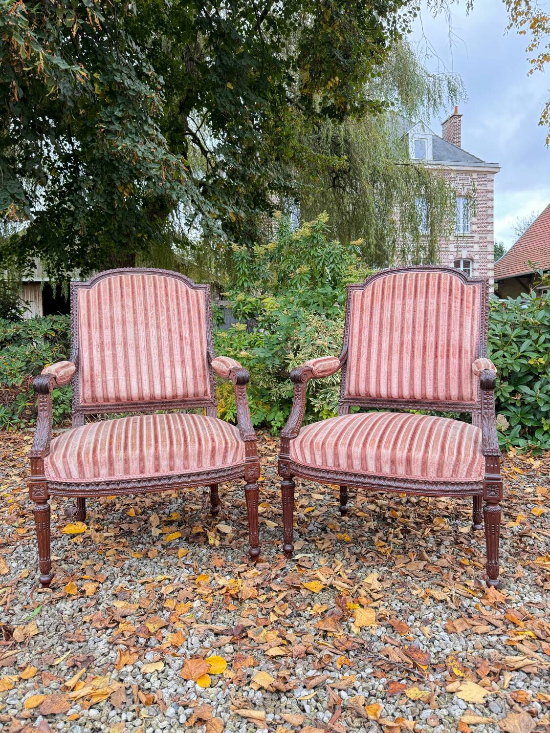 Pair of Louis XVI Style Mahogany Flat Back Armchairs, 19th Century