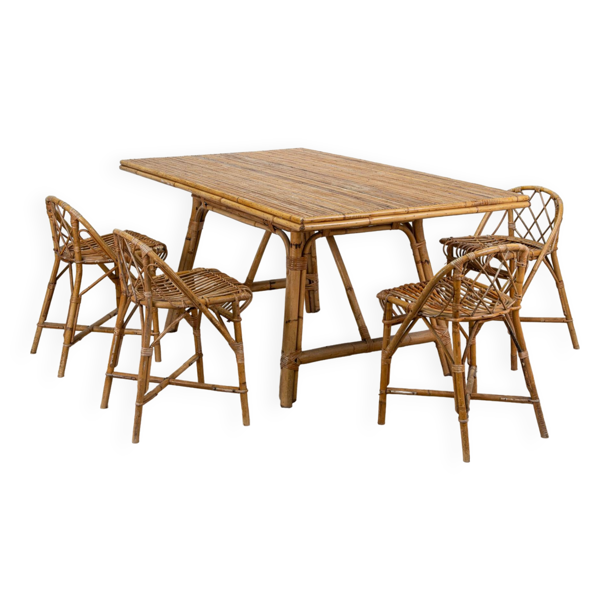 Series of 4 rattan chairs, France, 1960