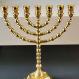 Menorah/Jewish/Hebrew candlestick with 7 arms of light. Engraved with the symbols of the 12 tribes of Israel/Holyland inscription. In gold metal. Size 20 x 16 cm
