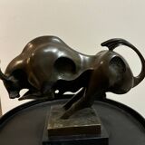 Bronze bull on marble base signed Milo