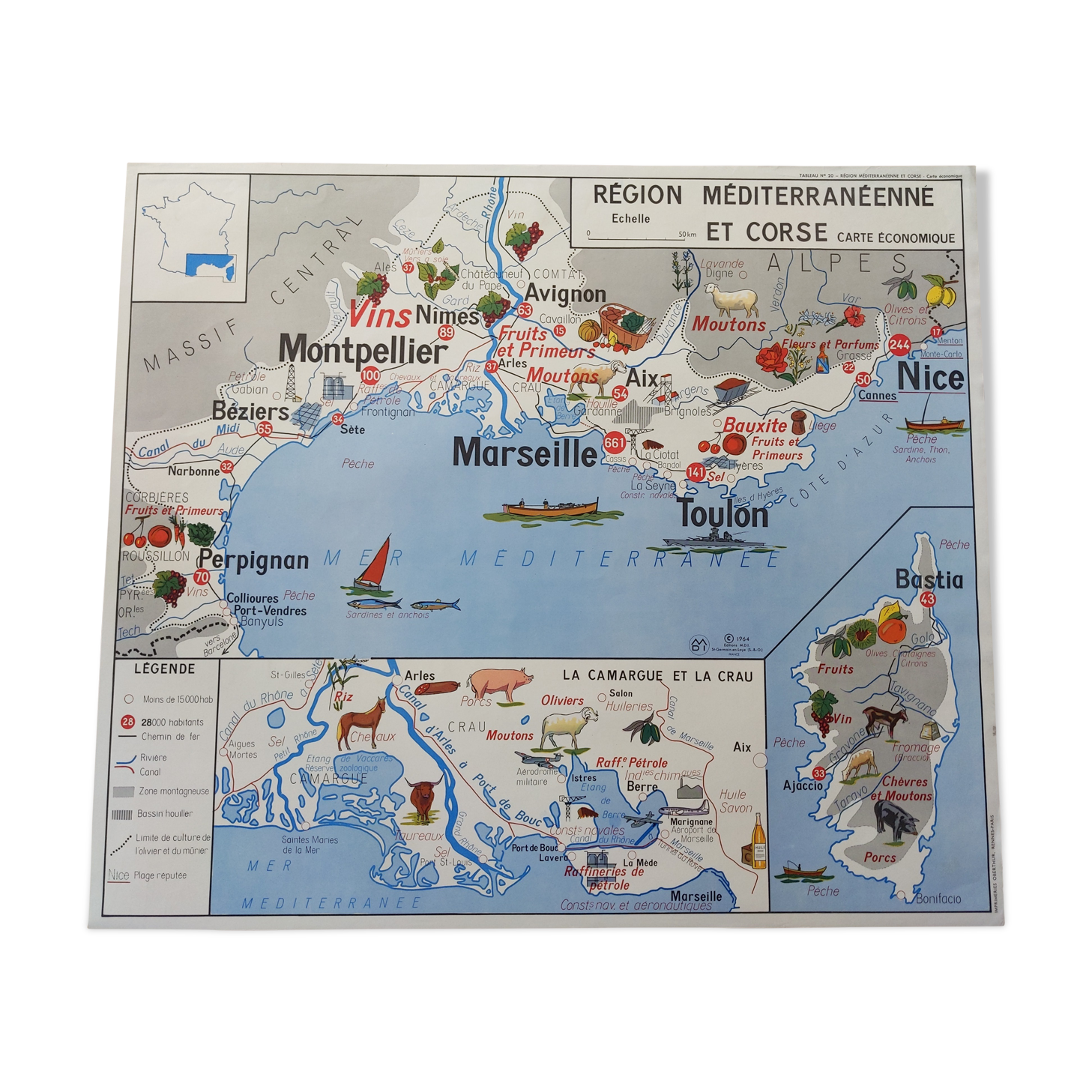 Old vintage school map 60s mdi massif central Corsica and Mediterranean region