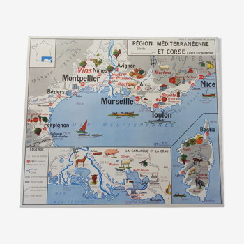 Old vintage school map 60s mdi massif central Corsica and Mediterranean region