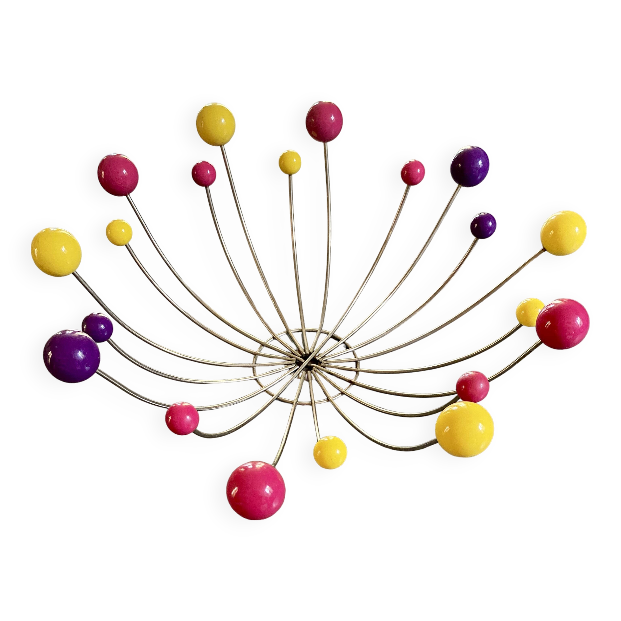 1950s fruit bowl, atomic sputnik, multicolored wooden balls and metal