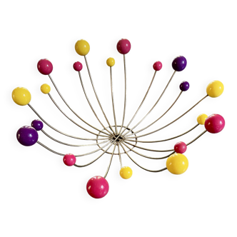 Coupe à fruits années 50 atomique sputnik boules bois multicolores et métal