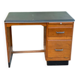 Scandinavian extendable desk in solid oak wood and green leather