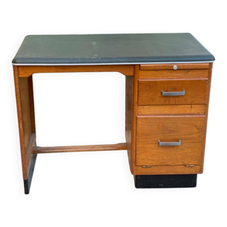 Bureau scandinave extensible en bois massif chêne et cuir vert