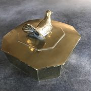 Boîte coffret vintage en laiton massif forme octogone décoration d’oiseau 14,8cm