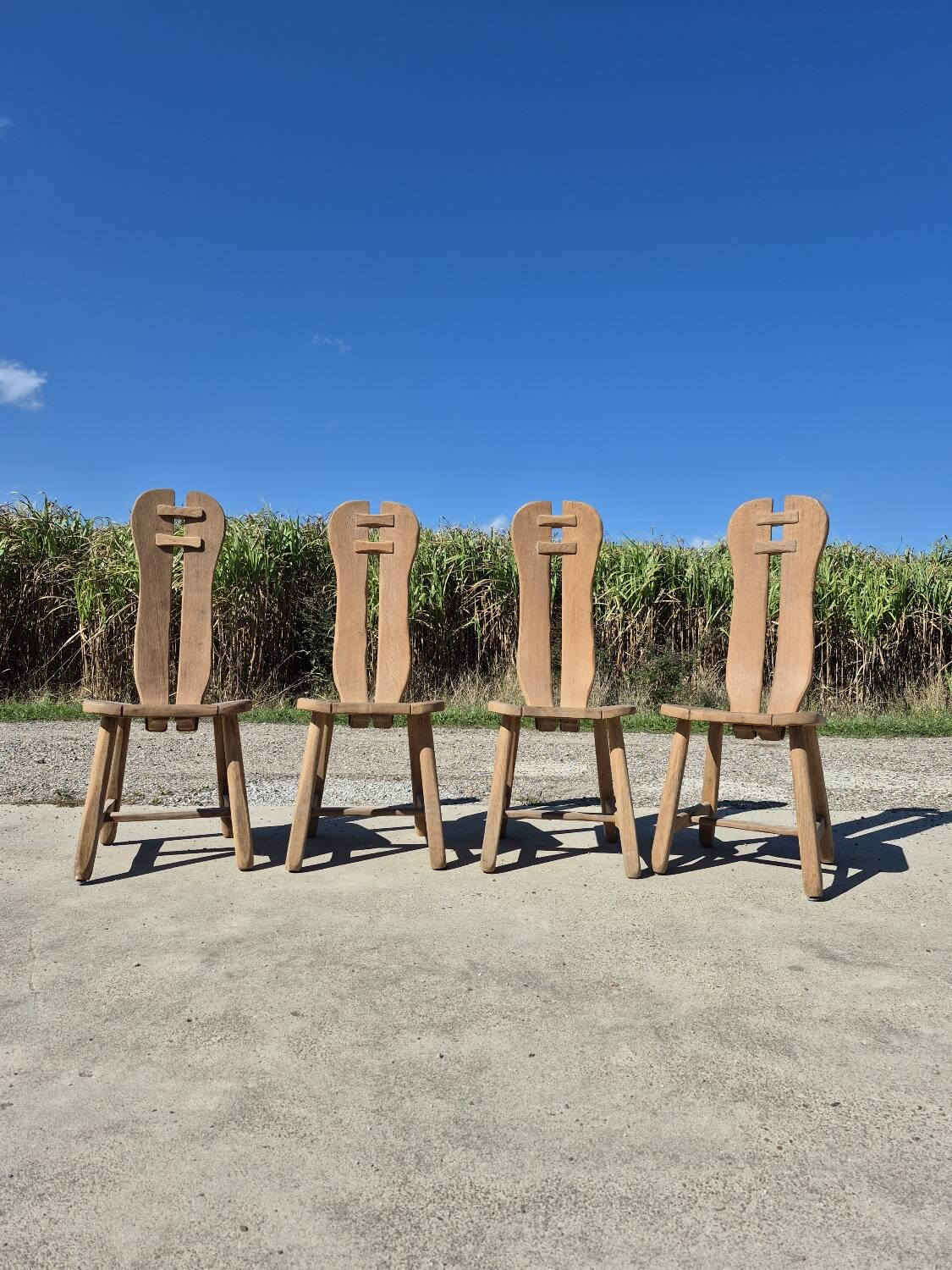 Set 4 vintage brutalist dining chairs De Puydt Belgium solid oak