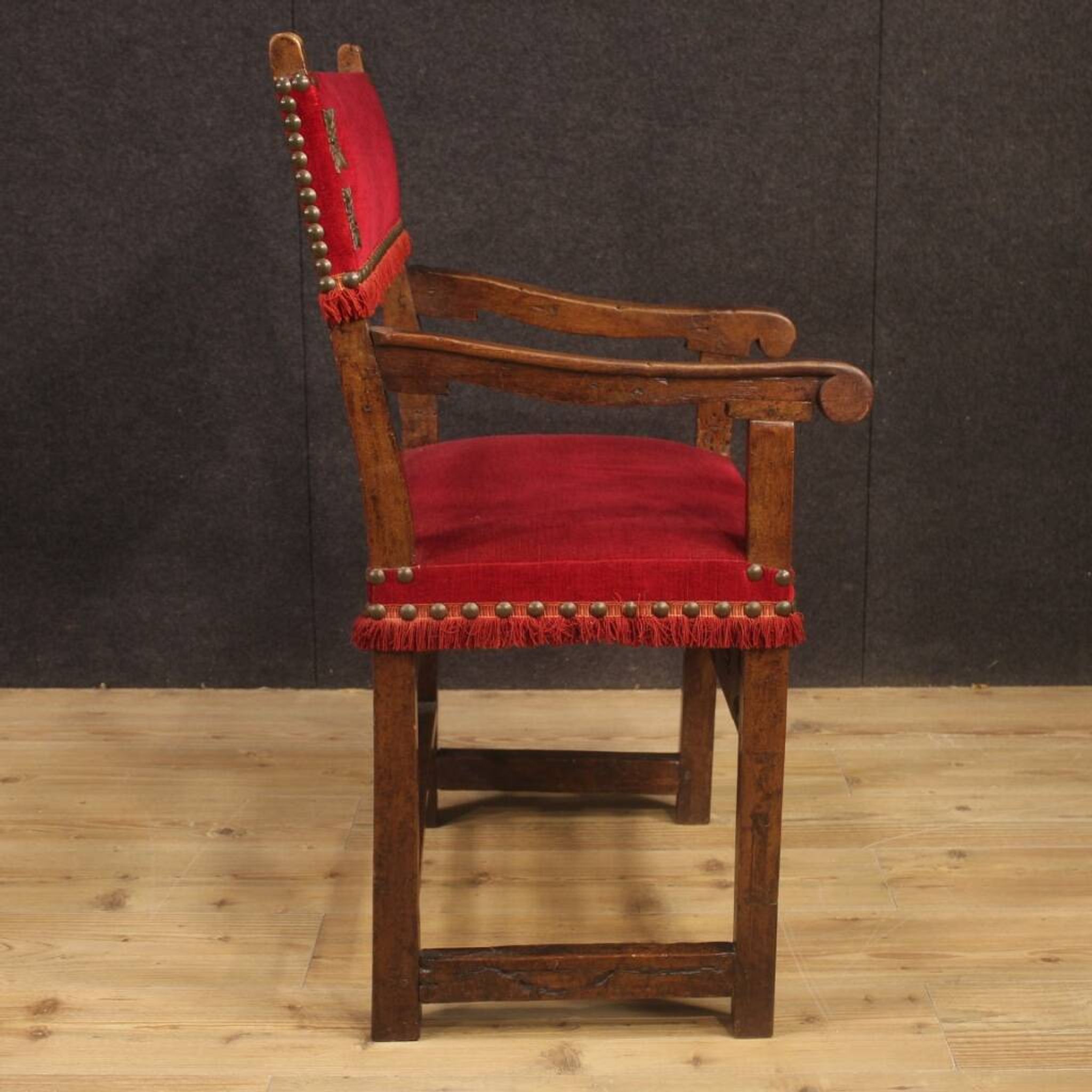 Antique Italian Walnut Armchair With Red Fabric From 19th Century