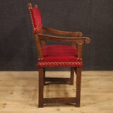 Antique Italian Walnut Armchair With Red Fabric From 19th Century