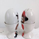 Egg cup, salt and pepper shaker duo