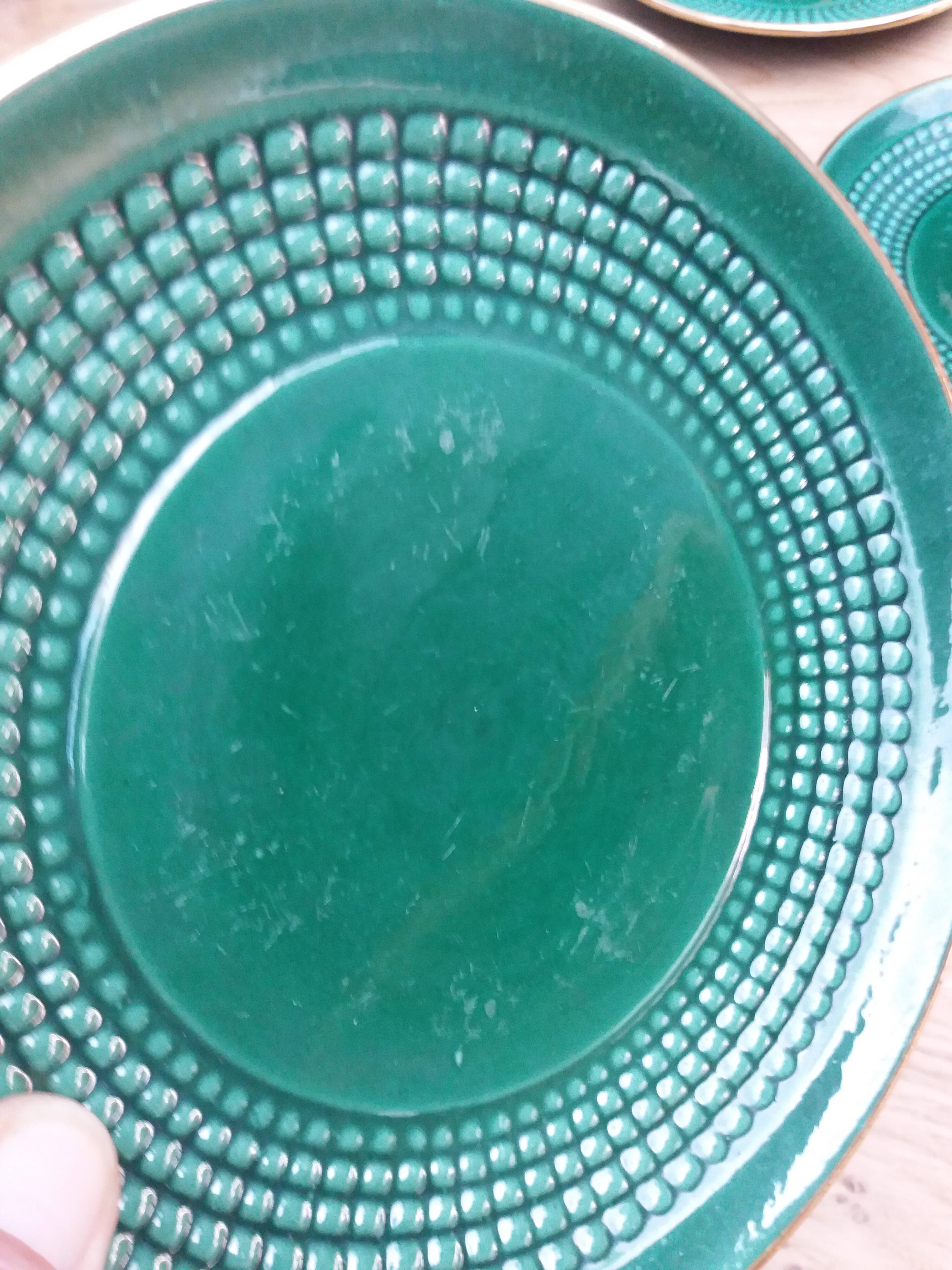 Dessert or cheese set, dish and 4 plates, Saint Clément green and gold