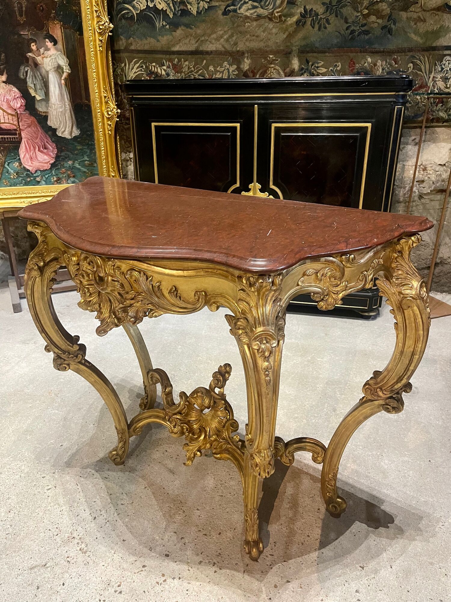 Console 4 legs Louis XV style Gilded wood period Napoleon III Griotte marble top