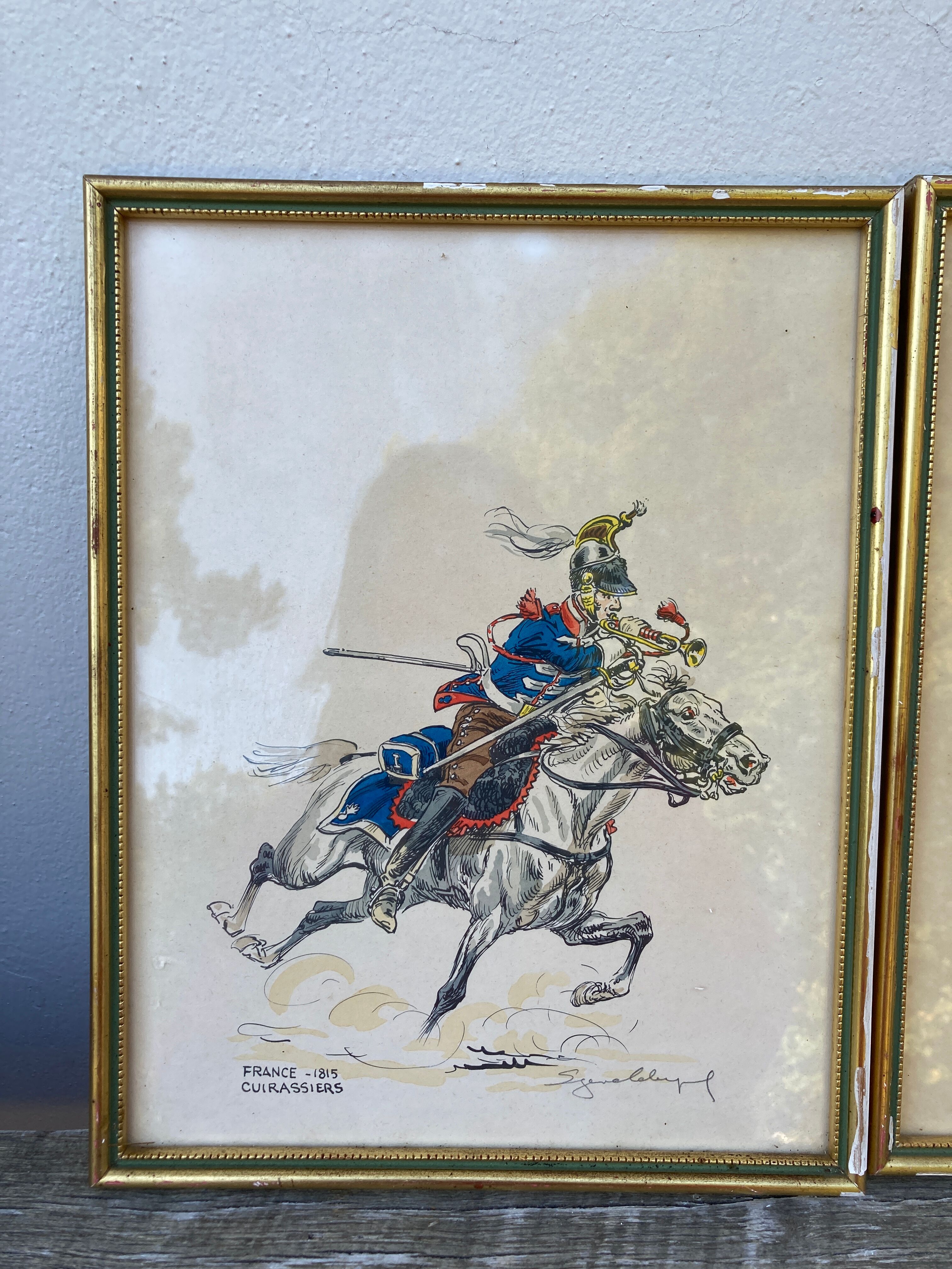 3 old engravings of horses / triptych riders golden frame