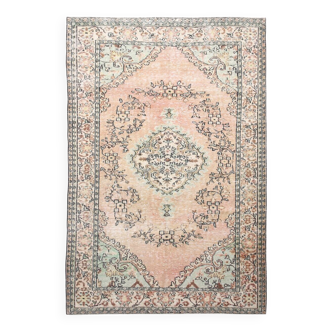 Tapis Vintage Anatolien Rose Poudré,Vert Sauge et Bleu,Fait Main,191x286 Cm