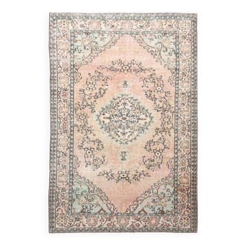 Tapis Vintage Anatolien Rose Poudré,Vert Sauge et Bleu,Fait Main,191x286 Cm