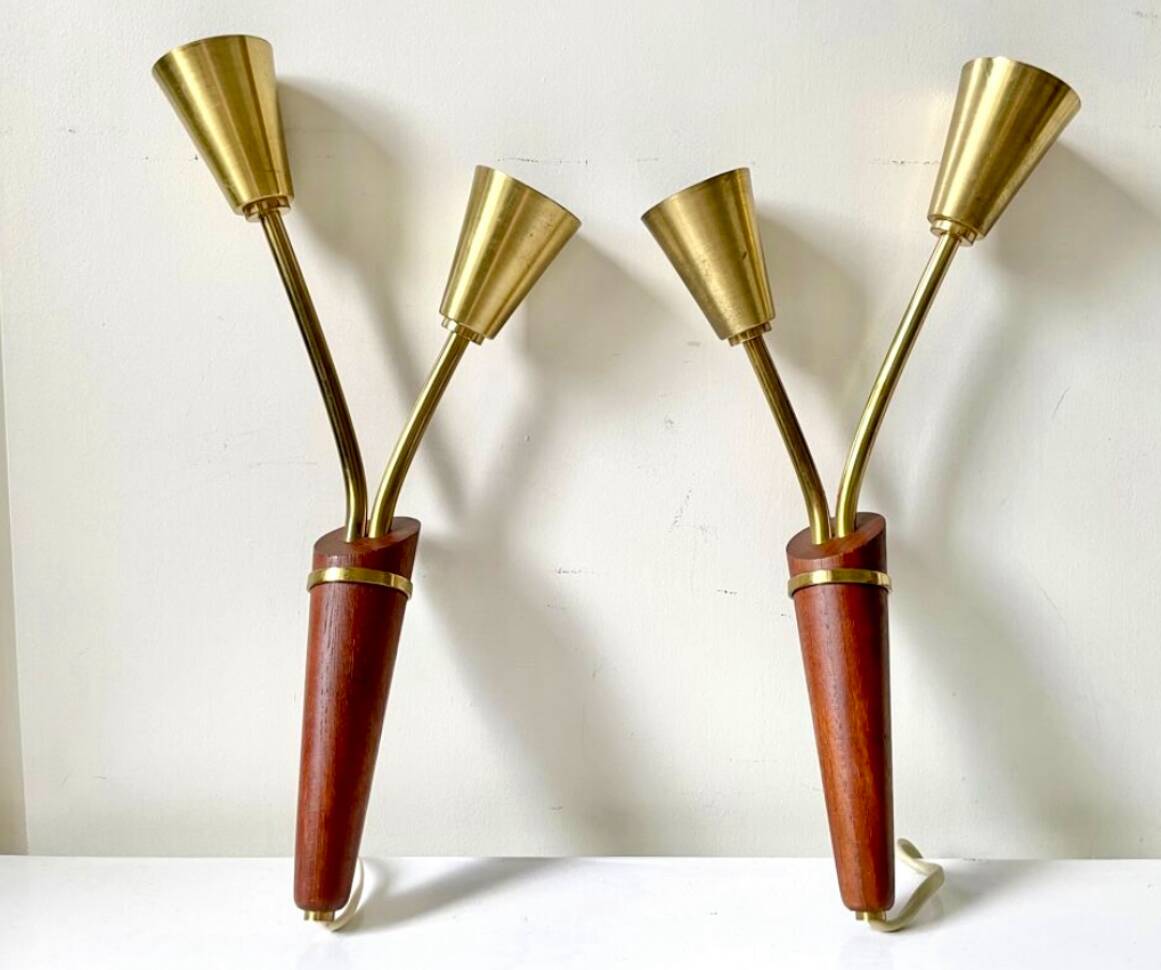 Pair of Scandinavian Midcentury wall lights sconces Brass & teak wood