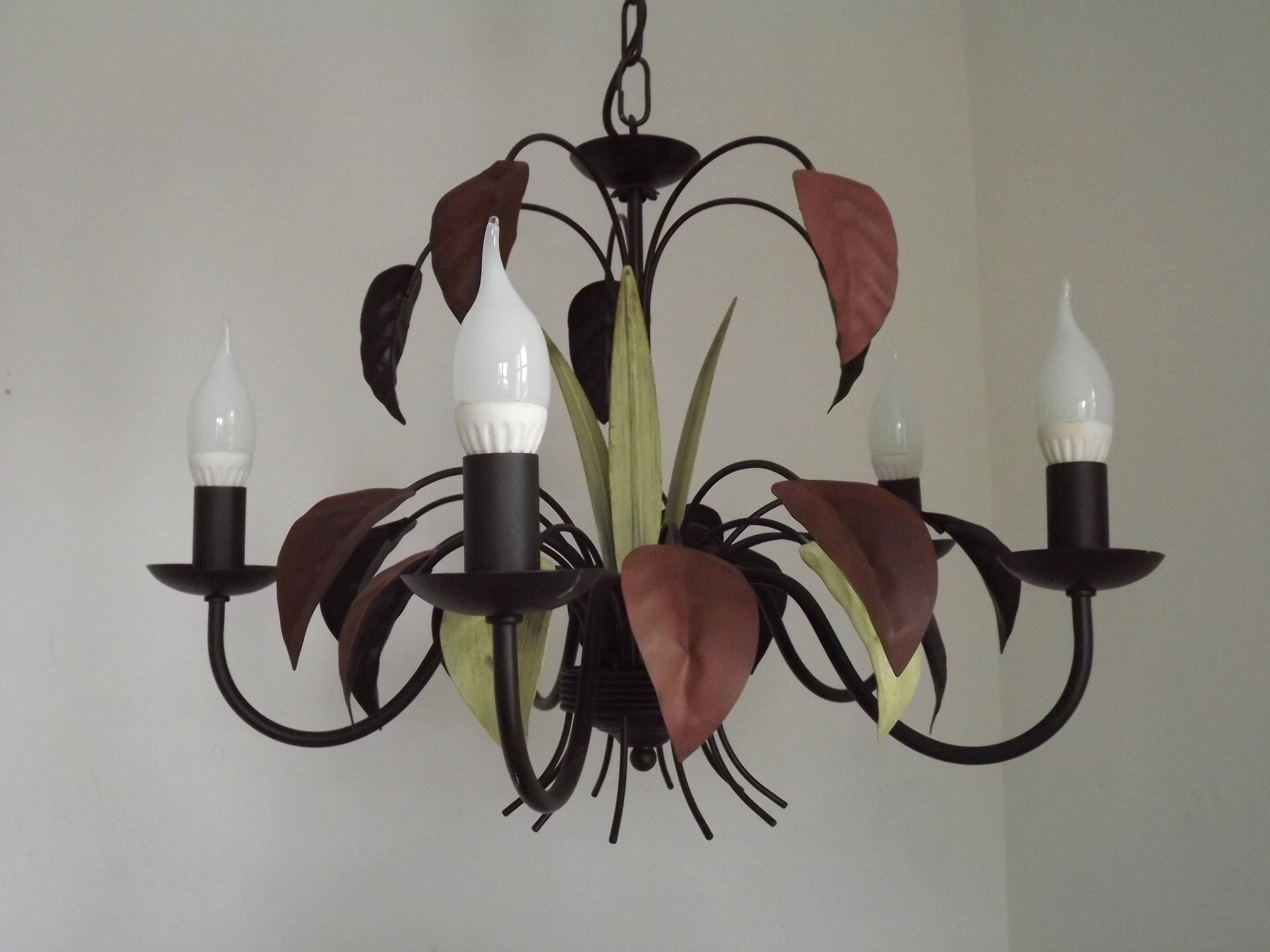 French Vintage 5 Light Brown & Green Tied Boquet Leaf Chandelier
