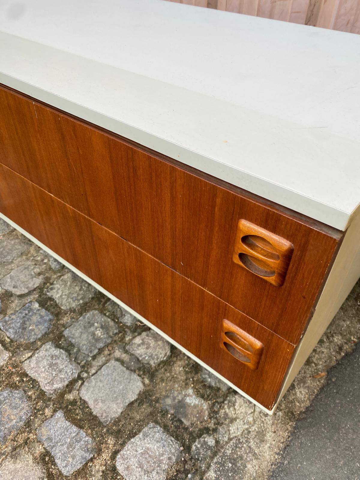Large Scandinavian low sideboard 220x50cm solid teak & white TV unit 196