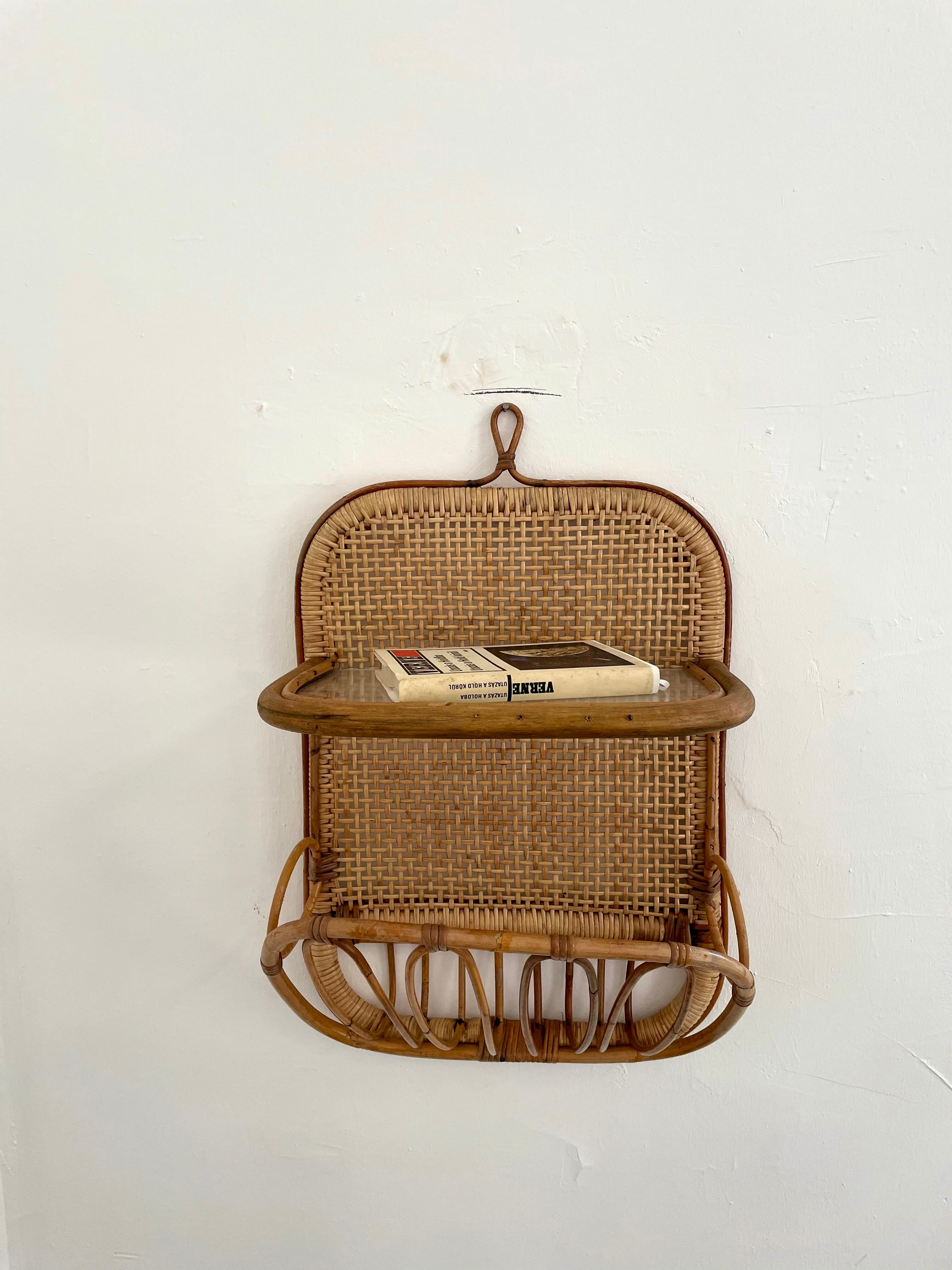Mid-century bamboo and glass shelf with magazine stand, circa 1960, italy